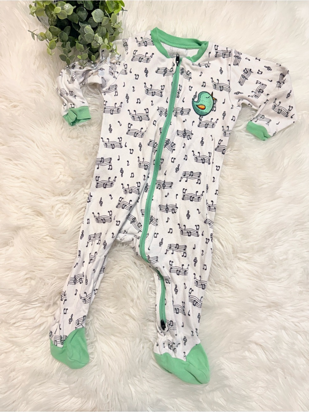 🌿10/$25 • Tuffy Baby Green-Trim Song Bird Musical Print Zip Footed Sleeper